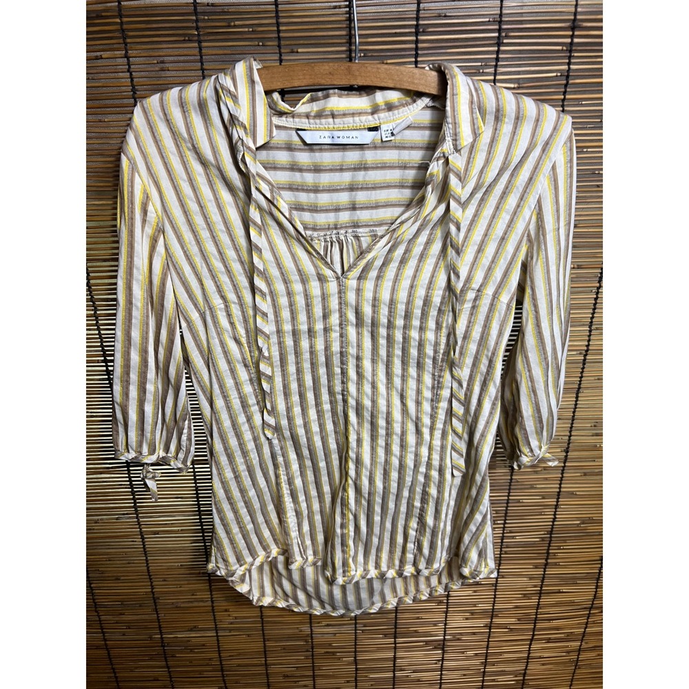 Zara Cotton Rayon Striped Metallic Tie Neck Blouse Yellow Tan White Size